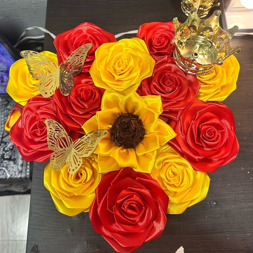 Red and Yellow Satin Rose Bouquet with Sunflower Accent